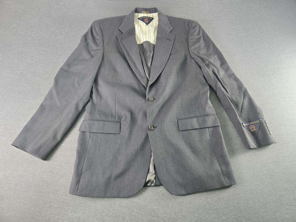 Vintage Tommy Hilfiger Suit Jacket Mens 41L Gray Wool Stripe USA Academia